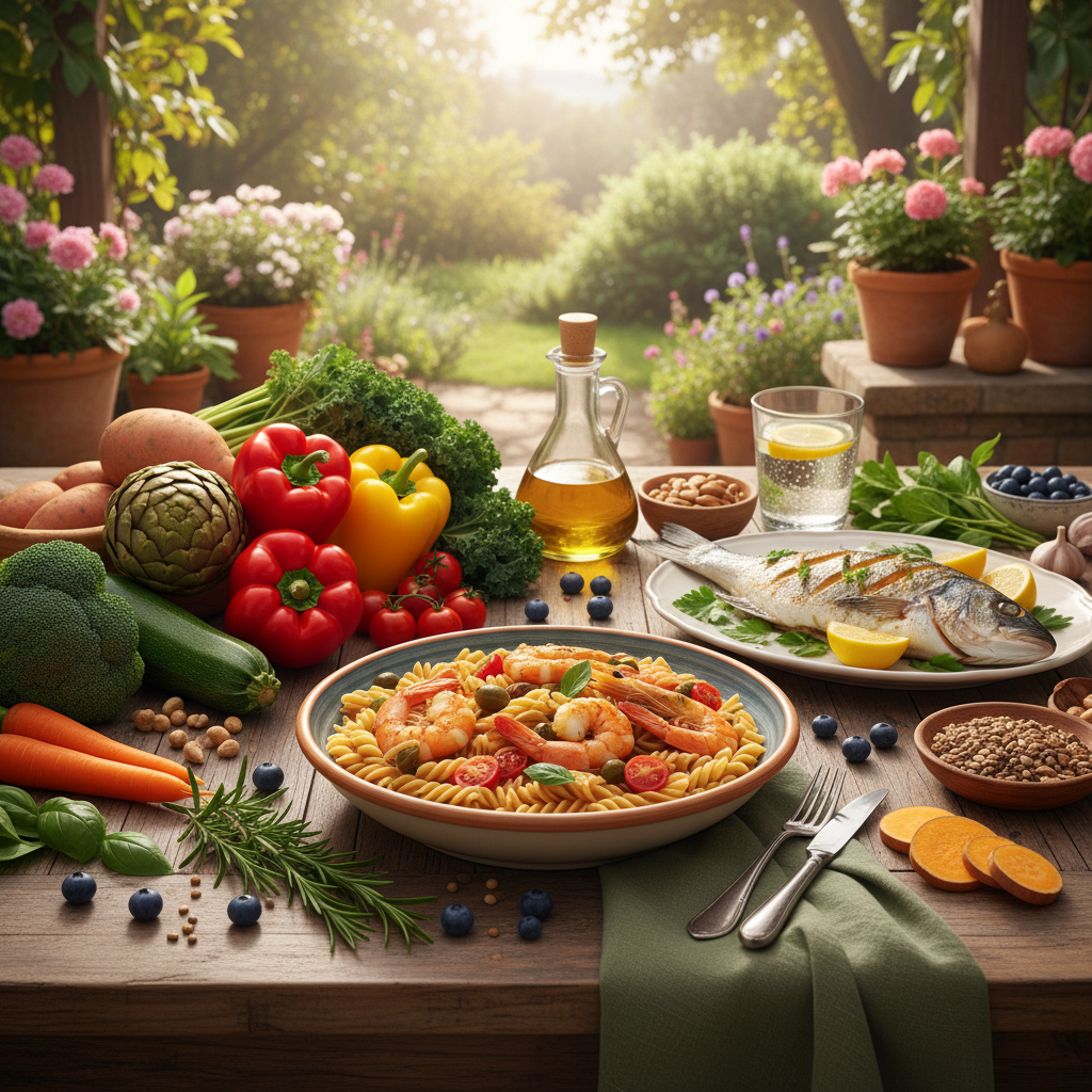 Un cesto di frutta e verdura fresca e colorata, come mirtilli, arance, spinaci e broccoli, poggiato su un tavolo di legno chiaro. La luce è naturale e calda.