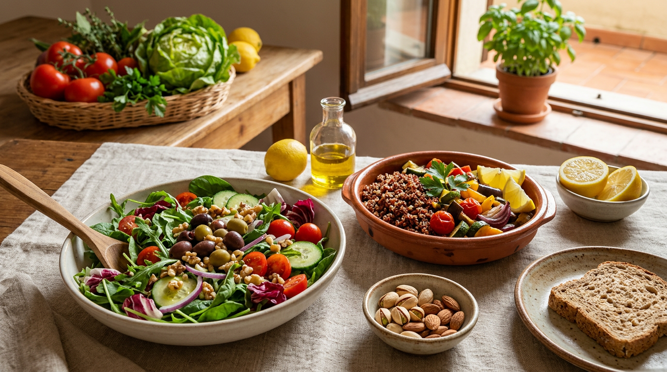 Donna che mangia un'insalata colorata con verdure fresche e semi, in un ambiente luminoso e consapevole.