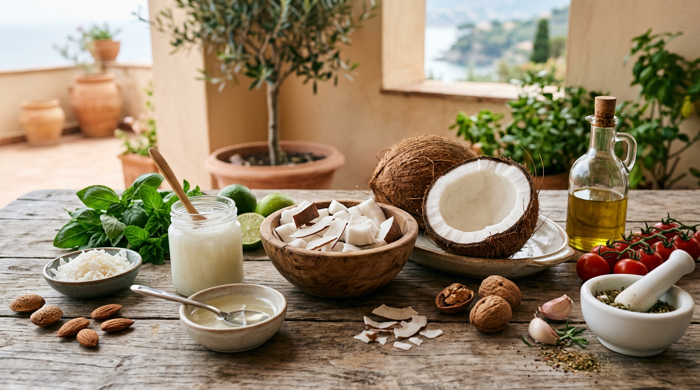 Olio di cocco vergine in un barattolo di vetro con pezzi di cocco fresco e una foglia di palma verde sullo sfondo.