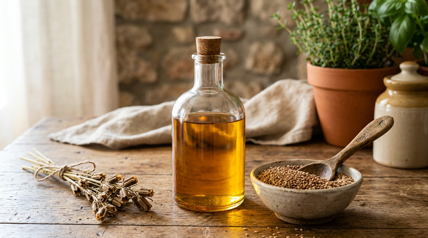 Bottiglia di olio di sesamo chiaro accanto a una ciotola di semi di sesamo e un cucchiaio di legno.