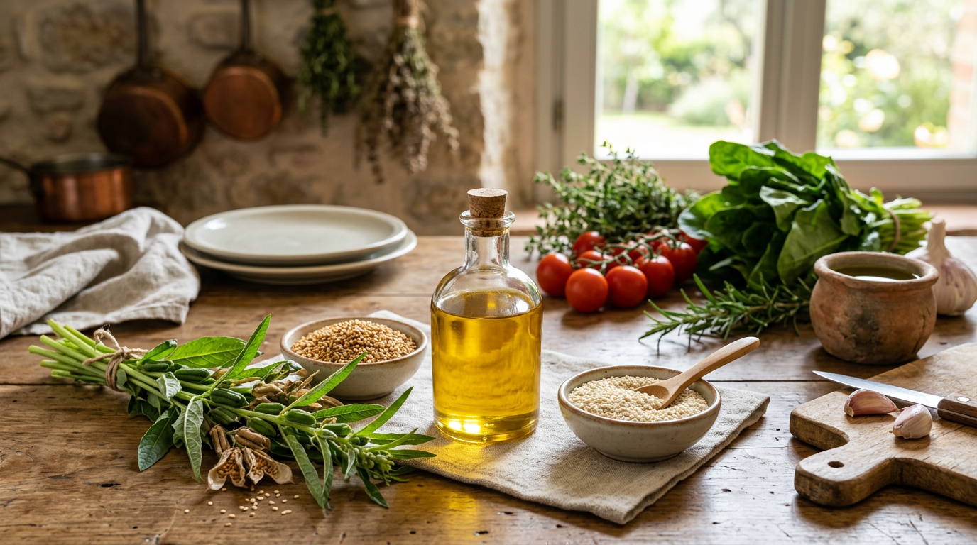 Bottiglia di olio di sesamo chiaro accanto a un cucchiaio colmo di semi di sesamo.