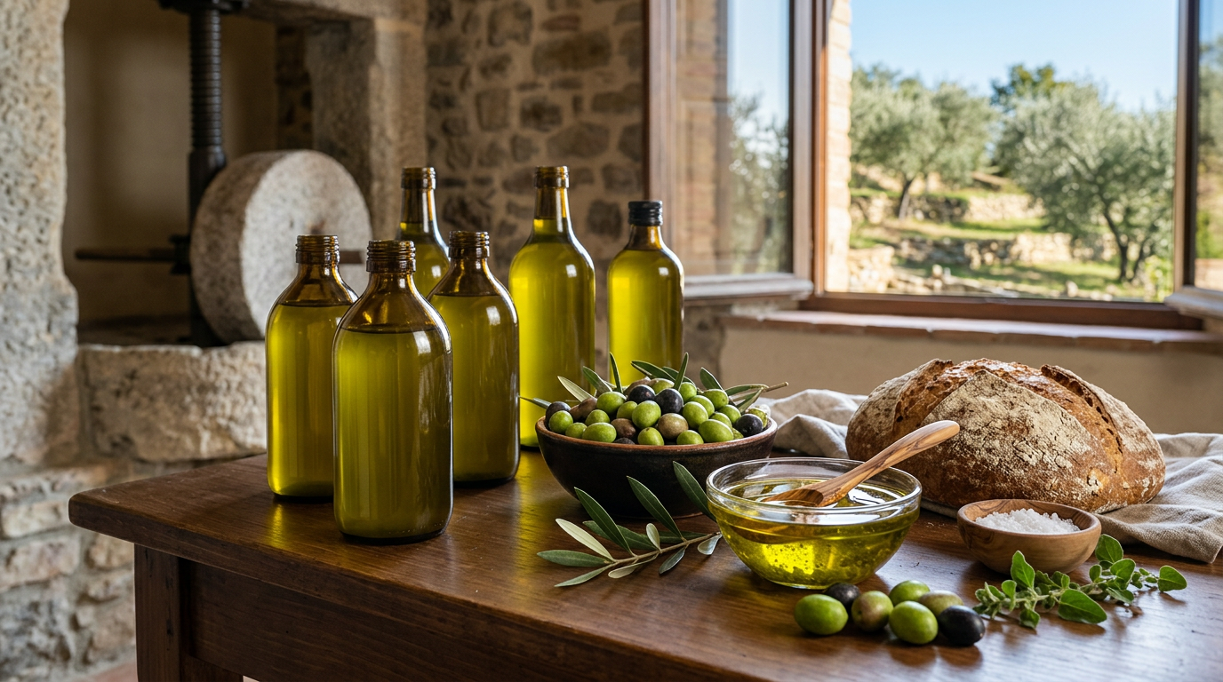 Una bottiglia di olio extra vergine d'oliva di alta qualità accanto a delle olive fresche su un ramo.