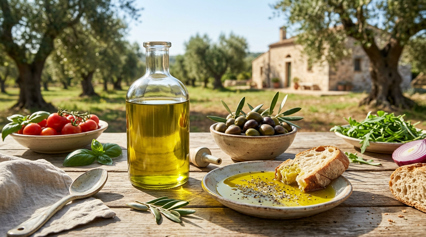 Bottiglia di olio extravergine di oliva accanto a olive verdi fresche e un rametto di ulivo