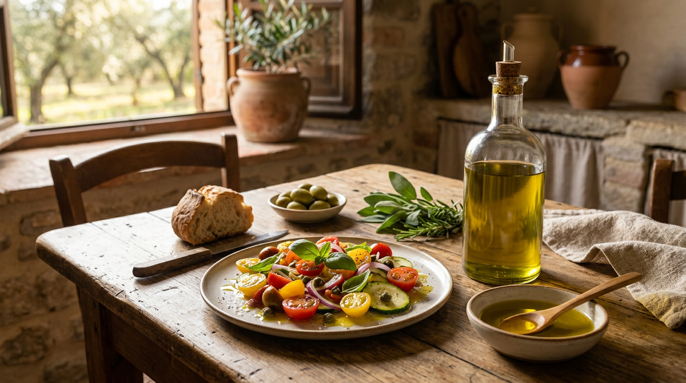 Bottiglie di olio extravergine d'oliva di alta qualità con olive verdi e nere su un tavolo di legno rustico