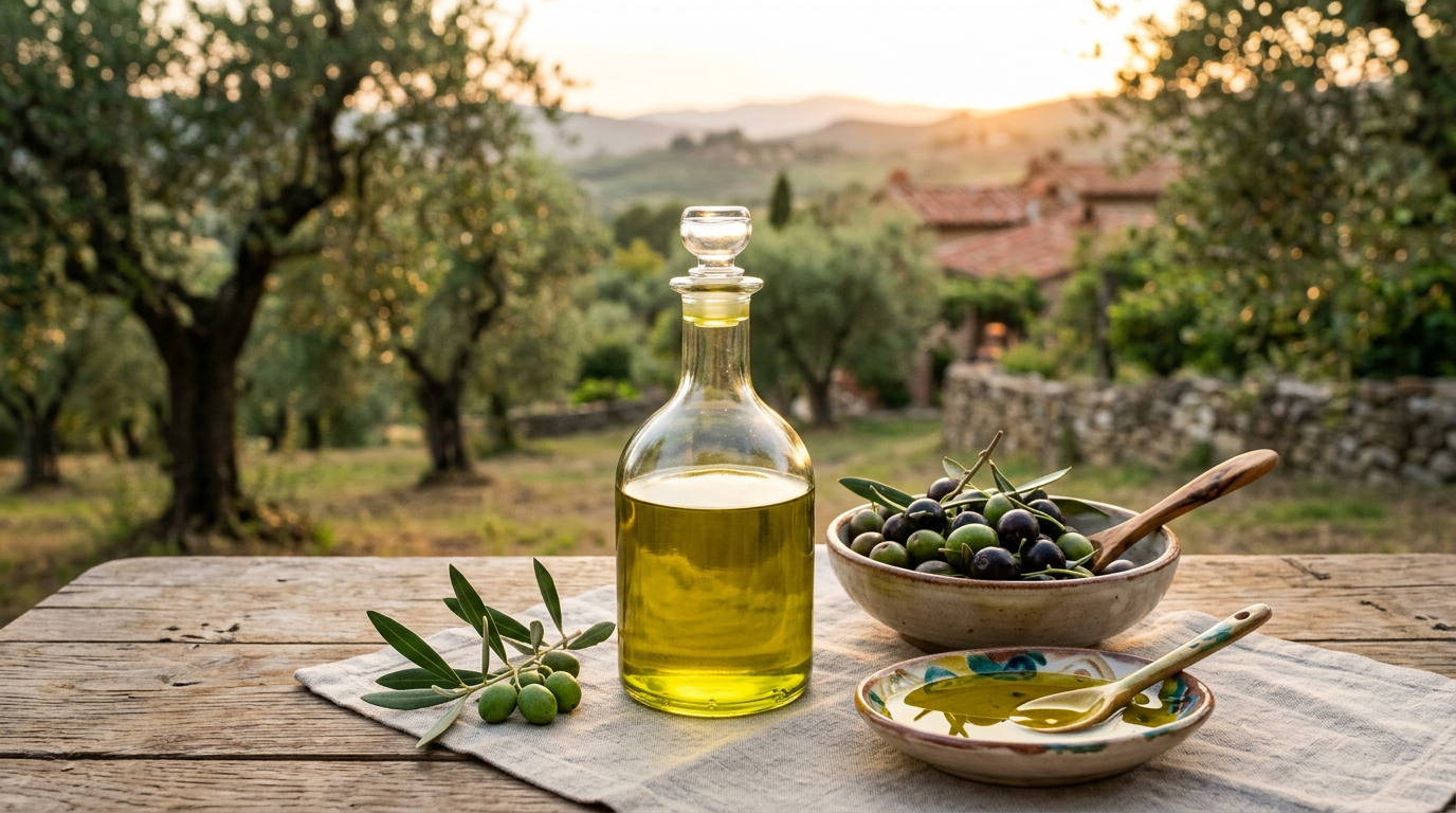 Ciotola in legno d’ulivo piena di olive fresche accanto a una bottiglia di olio extravergine d’oliva.