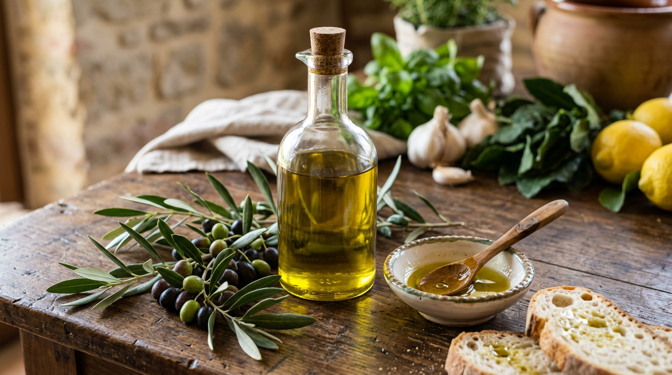 Bottiglia di olio extravergine d'oliva con olive verdi e un ramo d'ulivo su un tavolo di legno