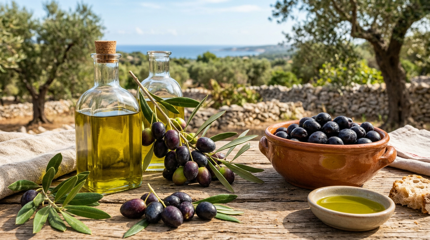 Una bottiglia di olio extravergine d'oliva scuro accanto a delle olive verdi fresche su un tagliere di legno.