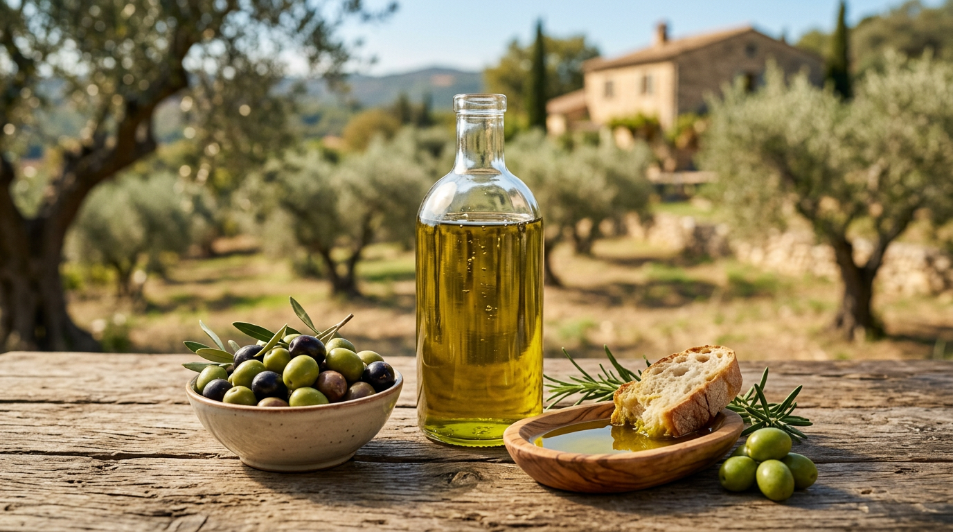 Bottiglia di olio extravergine d'oliva scuro accanto a olive verdi fresche su un tagliere di legno.