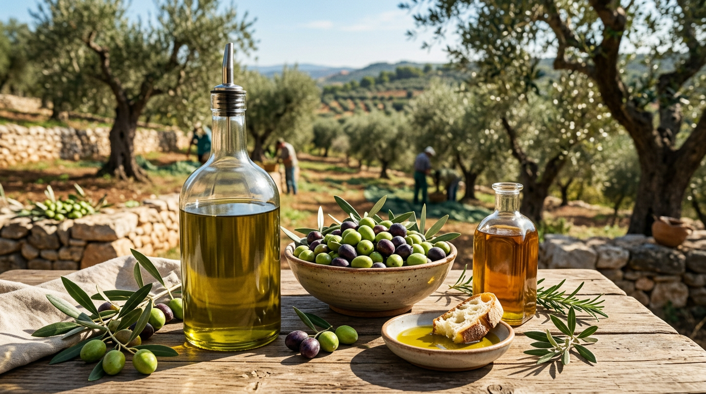 Bottiglia di olio extravergine di oliva accanto a delle olive verdi fresche su un tagliere di legno rustico.
