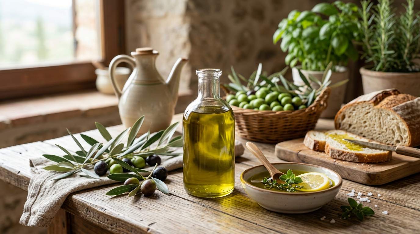 Olive verdi fresche su un ramo d'ulivo e una bottiglia di olio extravergine d'oliva su un tavolo di legno.