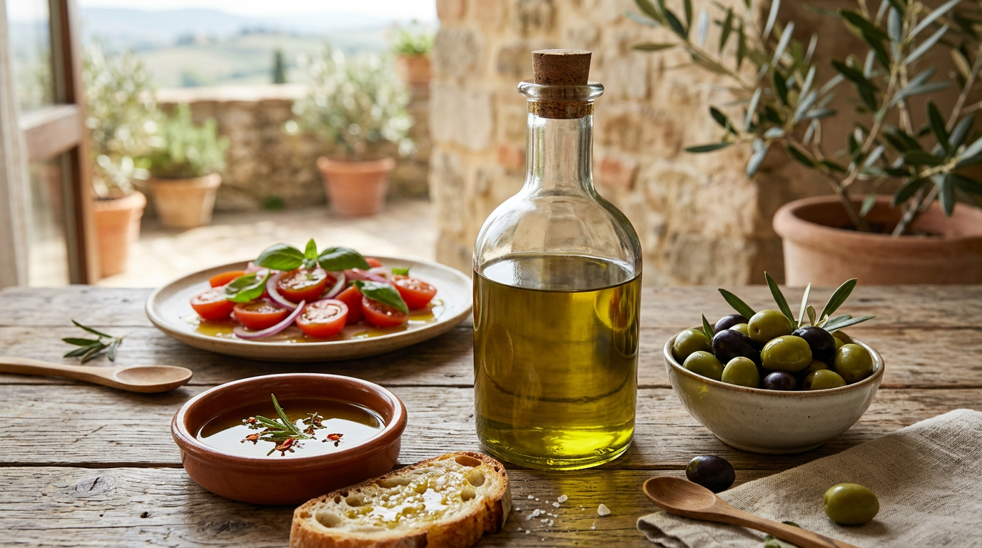 Ciotola in ceramica con olio extravergine d'oliva circondata da olive fresche e foglie di ulivo.