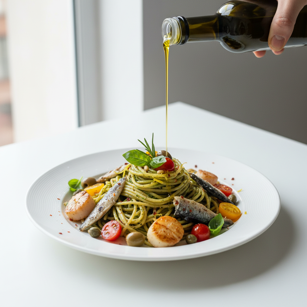 Bottiglia di olio extravergine di oliva con olive e un ramo di ulivo in un contesto mediterraneo