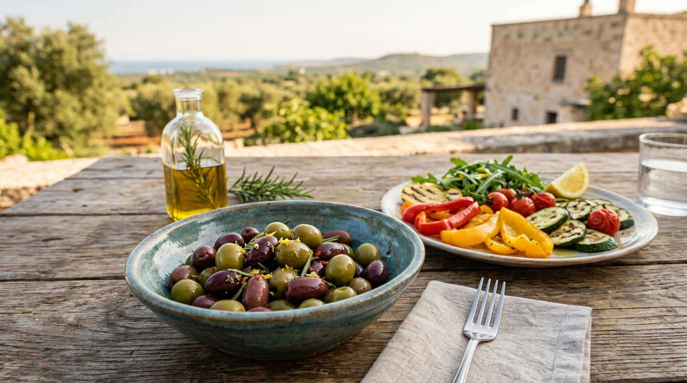 Ciotola in ceramica con olive verdi e nere e un rametto d'ulivo su un tavolo di legno rustico
