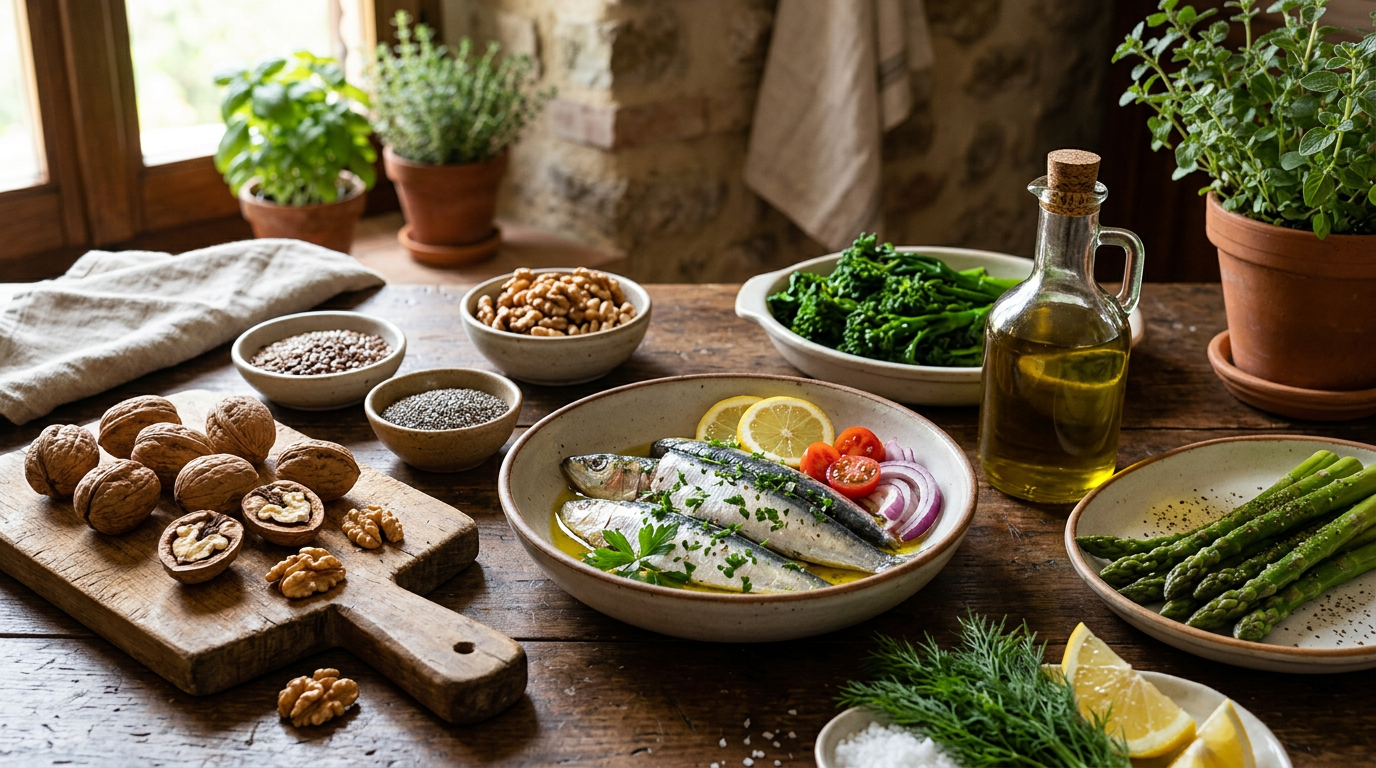 Ciotola di salmone fresco con accanto noci, semi di lino e un flacone di integratore Omega-3.