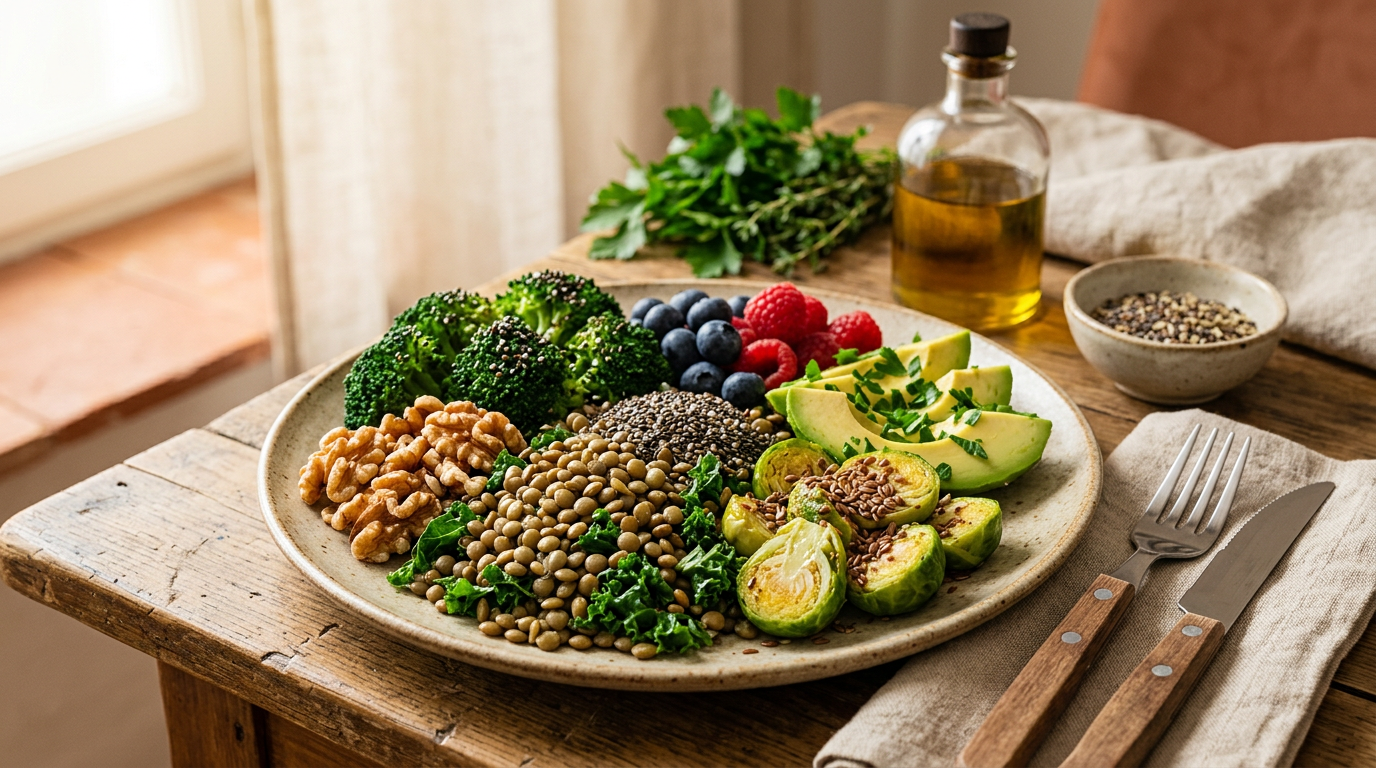 Ciotola di semi di chia e semi di lino con frutti di bosco, a simboleggiare fonti vegetali di omega-3.