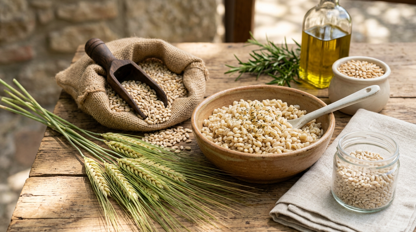 Campo di orzo dorato sotto un cielo azzurro con alcune spighe in primo piano
