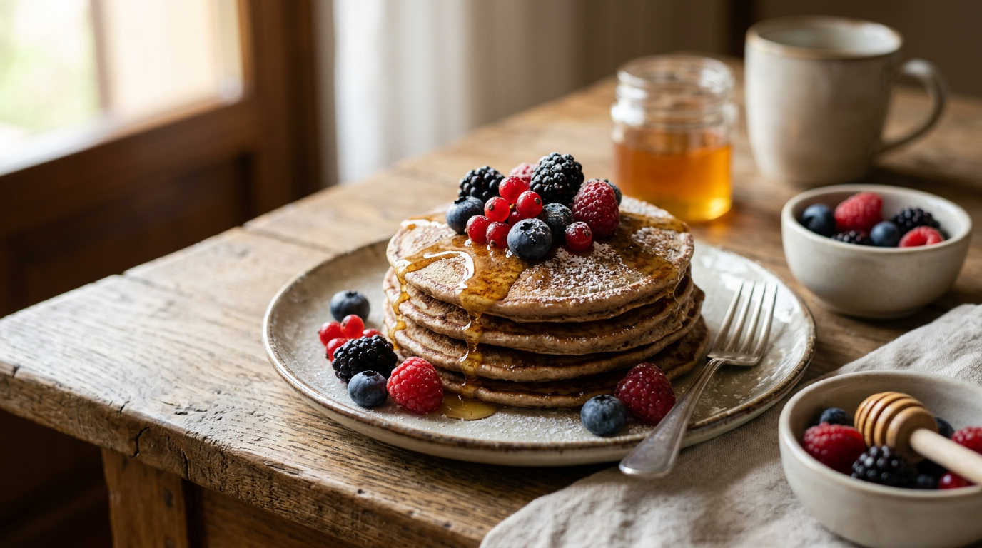Pile di pancake di grano saraceno guarniti con frutti di bosco freschi e miele, su un piatto bianco.