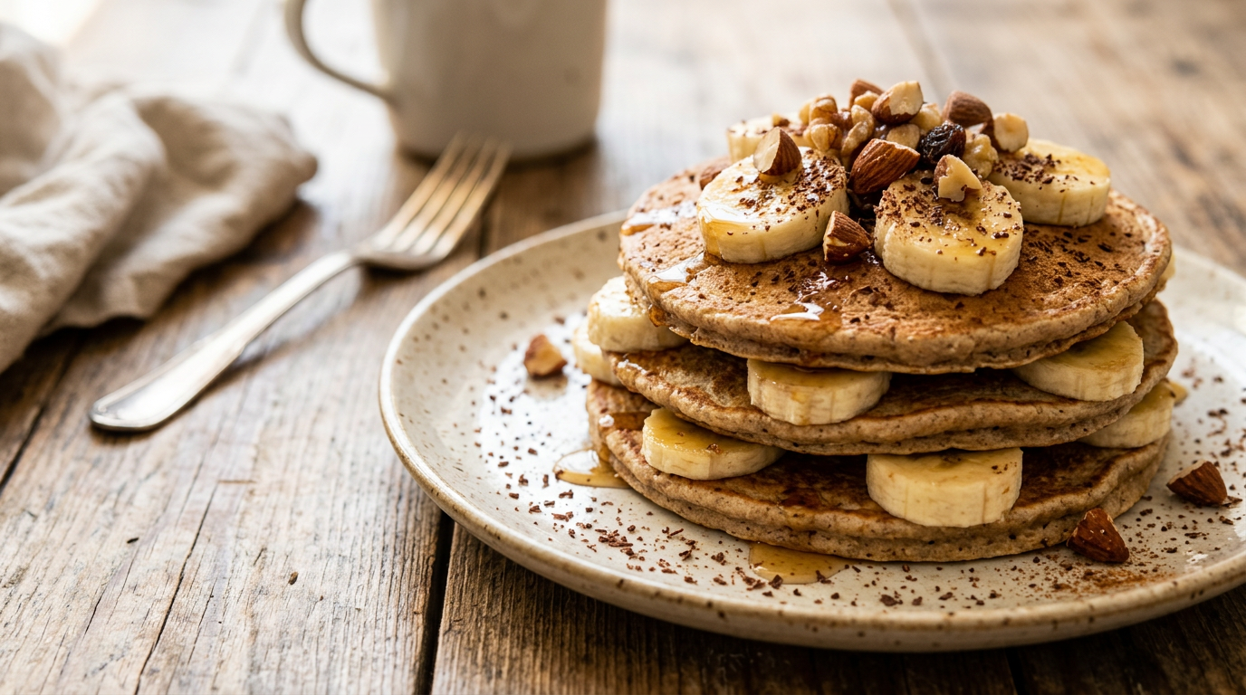 Pancake integrali con fettine di banana, frutta secca e miele su un piatto, accompagnati da una tazza di the.