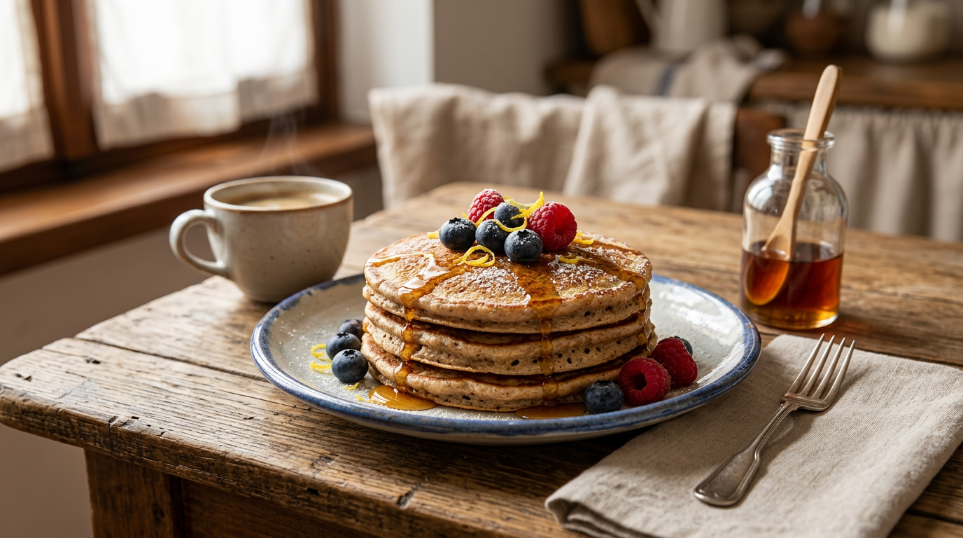 Pila di pancake proteici al farro appena cotti, guarniti con mirtilli freschi, lamponi e una colata di sciroppo d'acero.