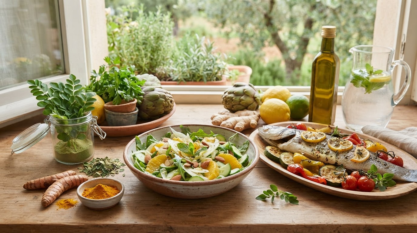 Ciotola di verdure crude fresche con limone e bicchiere d'acqua
