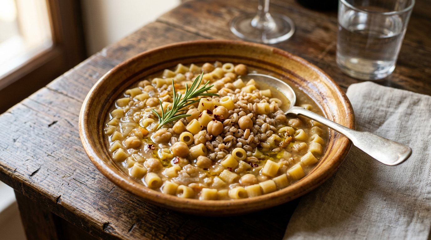 Piatto di pasta e ceci con farro perlato, guarnito con foglie di rosmarino fresco e un filo d'olio extravergine d'oliva.
