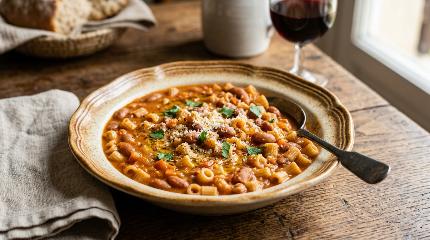 Piatto fumante di pasta e fagioli cremosa guarnito con foglie di prezzemolo fresco.