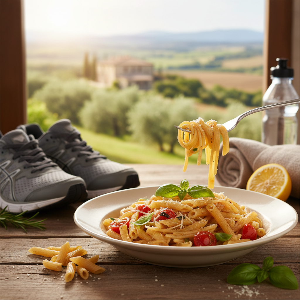 Piatto di pasta integrale con verdure fresche e basilico