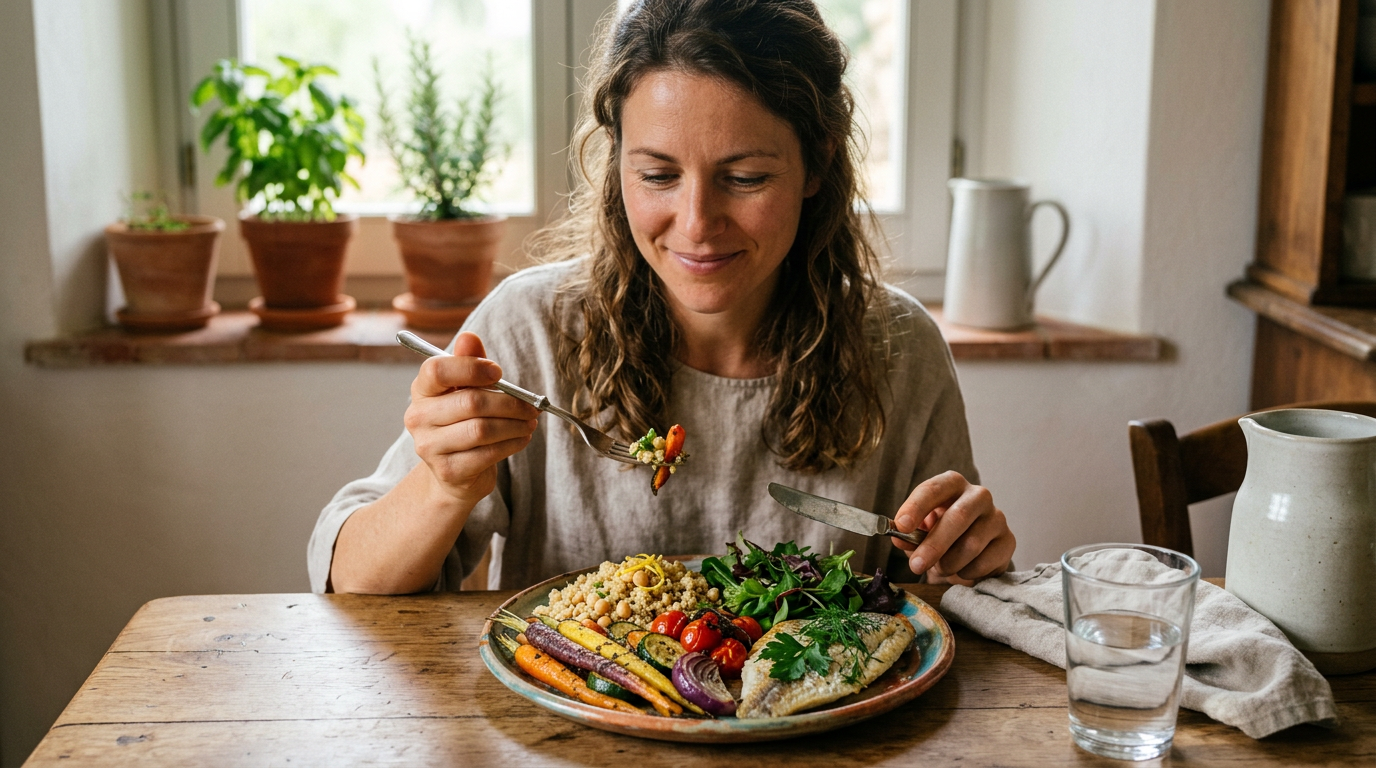 Donna sorridente che mangia un'insalata colorata con consapevolezza, in un ambiente luminoso.