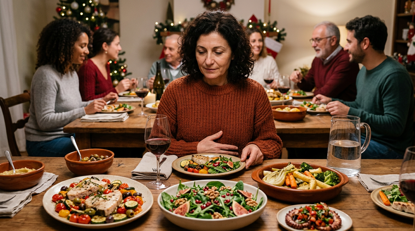 Donna sorridente che mangia un piatto di verdure e frutti di bosco, in un ambiente festivo con decorazioni natalizie. Si tiene una bacca tra le dita.