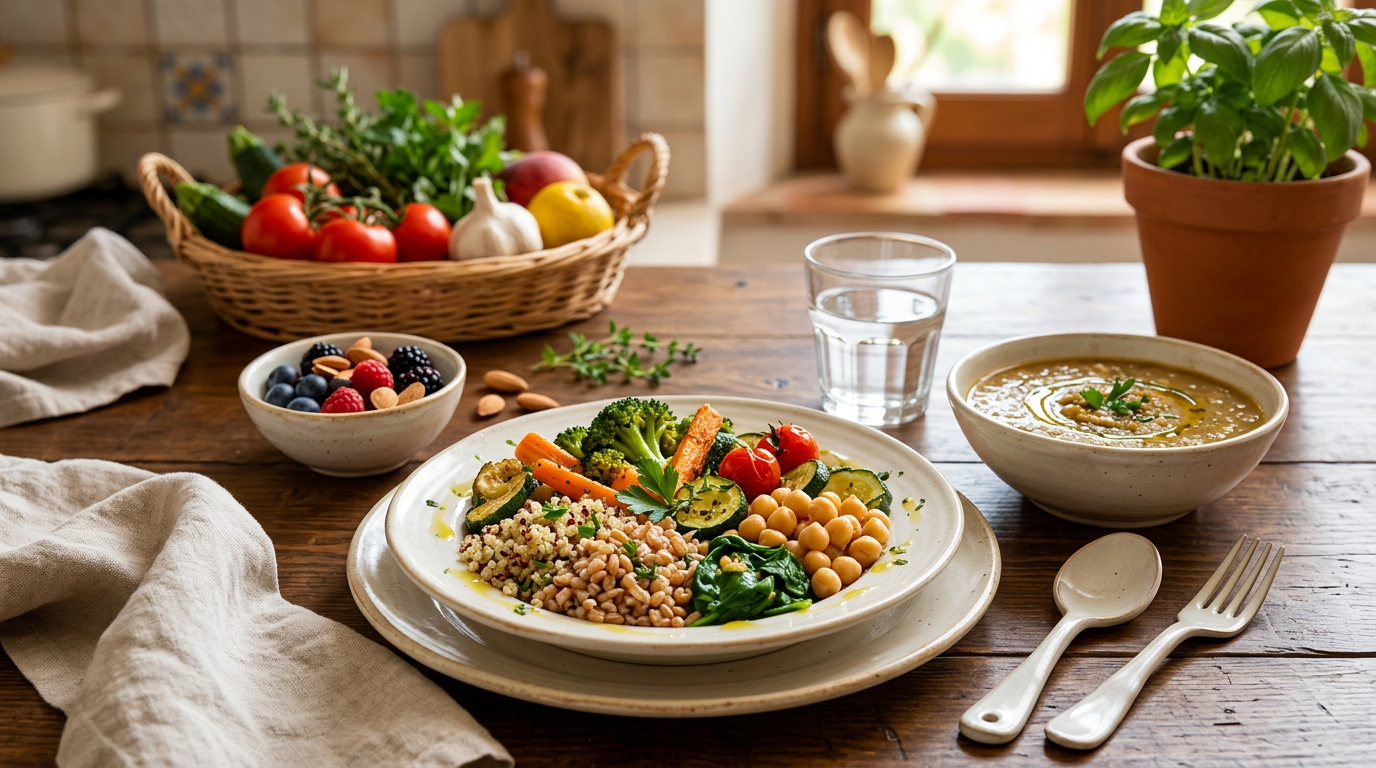 Una bevanda nutrizionale in un bicchiere accanto a una ciotola di zuppa di verdure fresche e colorate.