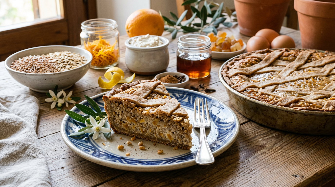 Fetta di Pastiera Napoletana dall'aspetto tradizionale, poggiata su un piatto bianco, con decorazioni artistiche e ingredienti freschi come scorze d'arancia e grano, che richiamano la cucina casalinga e il benessere. La tavola è decorata con fiori freschi, creando un'atmosfera primaverile e allegra.
