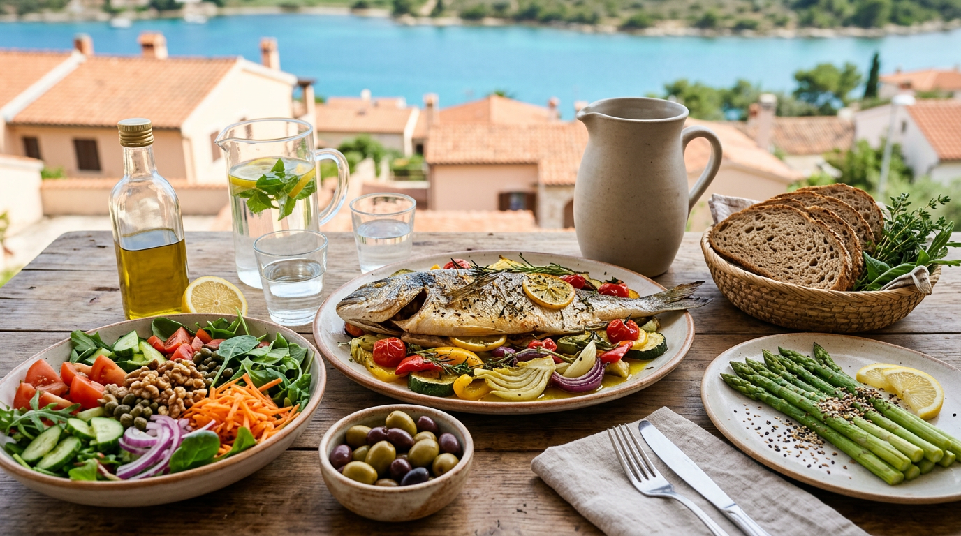 Insalata fresca e colorata con verdure di stagione in una ciotola di ceramica bianca