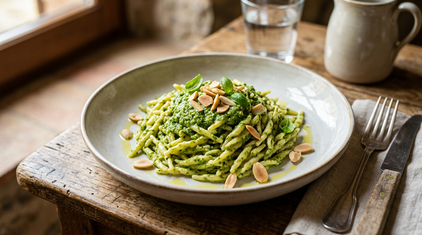 Ciotola di pesto fresco di basilico fatto in casa, con basilico e pinoli in sfondo