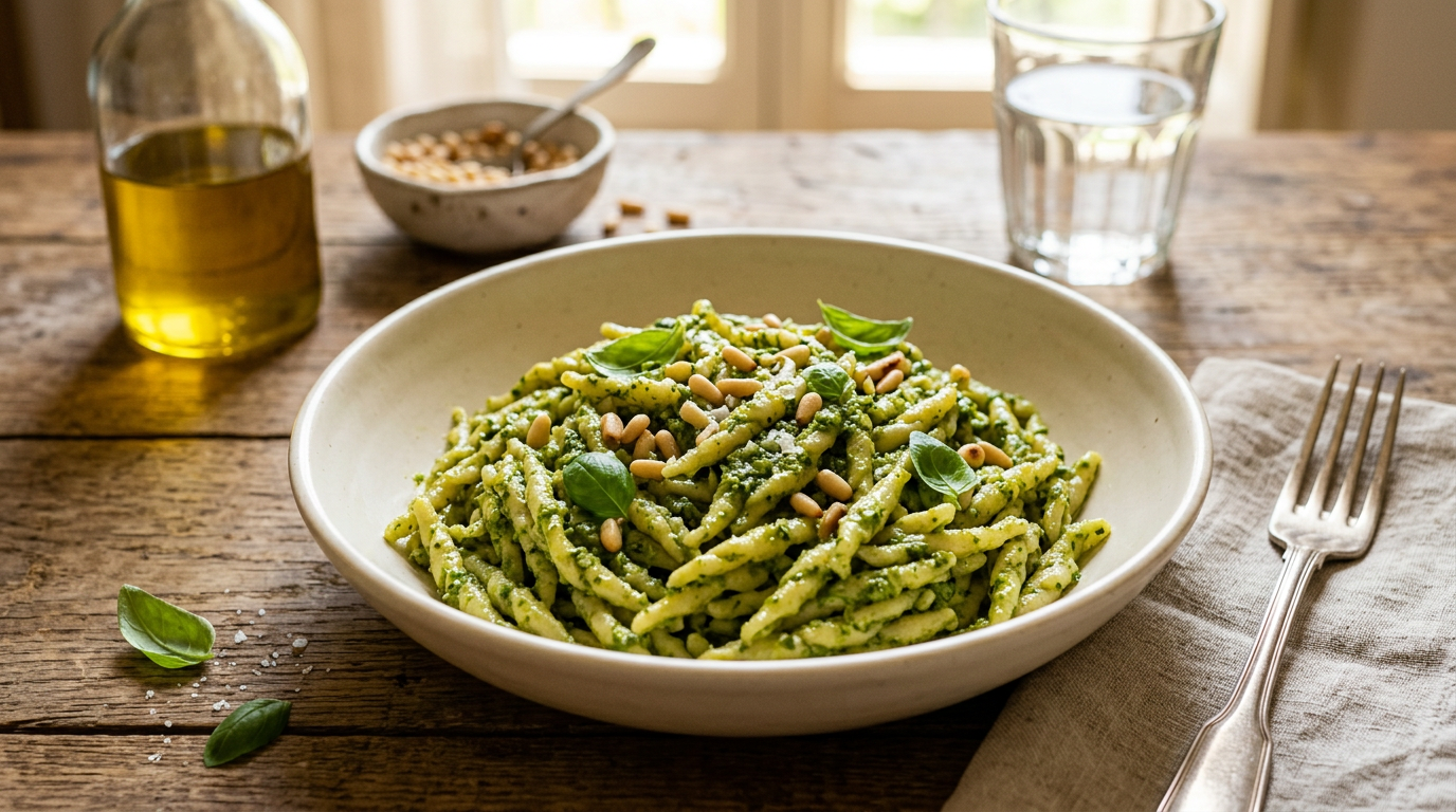 Vasetto di pesto di basilico verde brillante fatto in casa, con foglie di basilico fresco e pinoli sparsi intorno su un tagliere di legno.