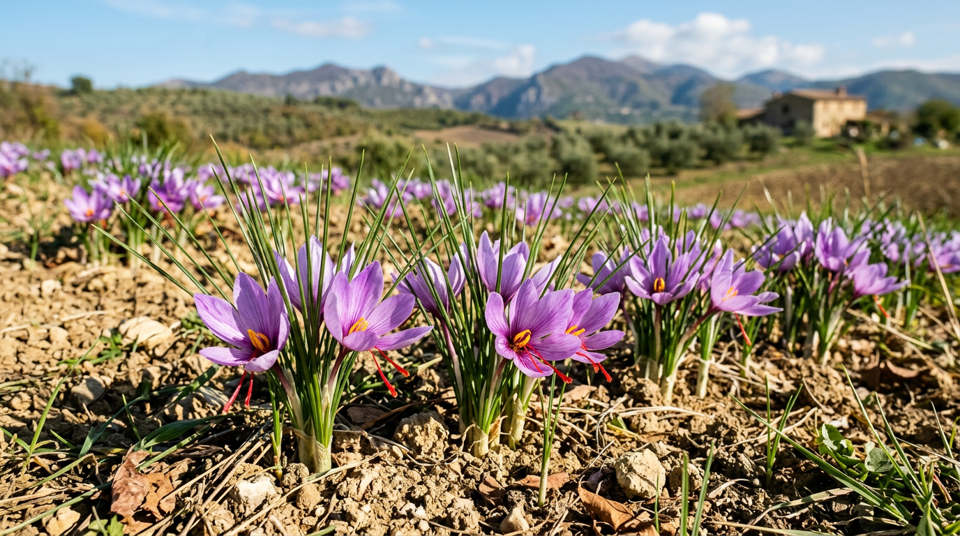 Fiori viola di Crocus Sativus che sbocciano in un campo verde con i caratteristici stimmi rossi in primo piano.
