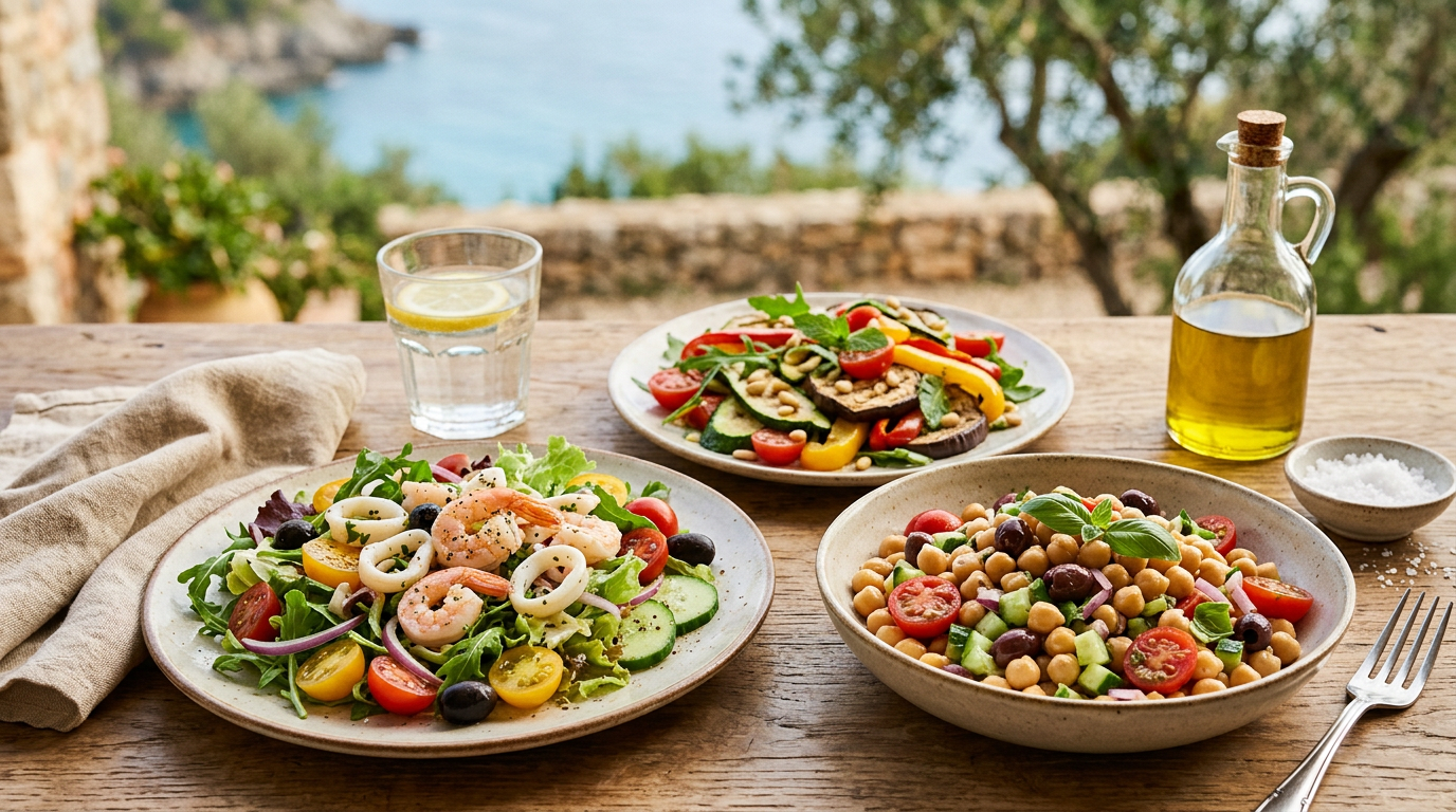 Insalata fredda colorata in una ciotola di vetro con farro, pomodorini, cetrioli e erbe fresche.
