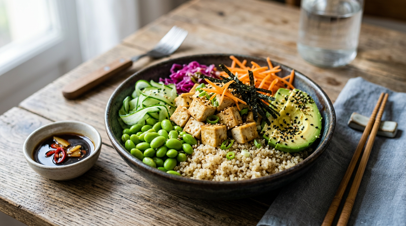 Poke bowl vegetariano colorato in una ciotola bianca con quinoa, cubetti di tofu dorato, edamame, carote a julienne e cetrioli, guarnito con semi di sesamo.
