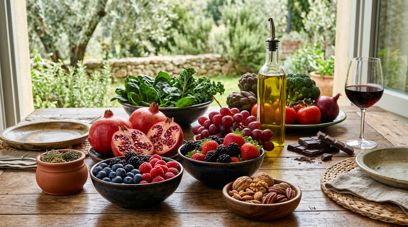 Varia selezione di frutti rossi, verdure a foglia verde scuro e riso nero su un tavolo di legno