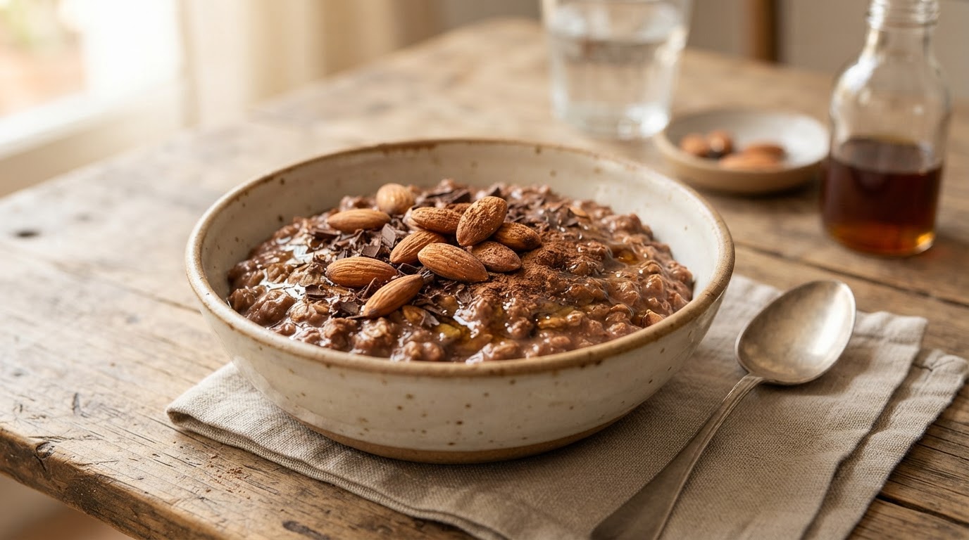 Ciotola di porridge cremoso al cacao guarnito con mandorle a scaglie e cocco disidratato