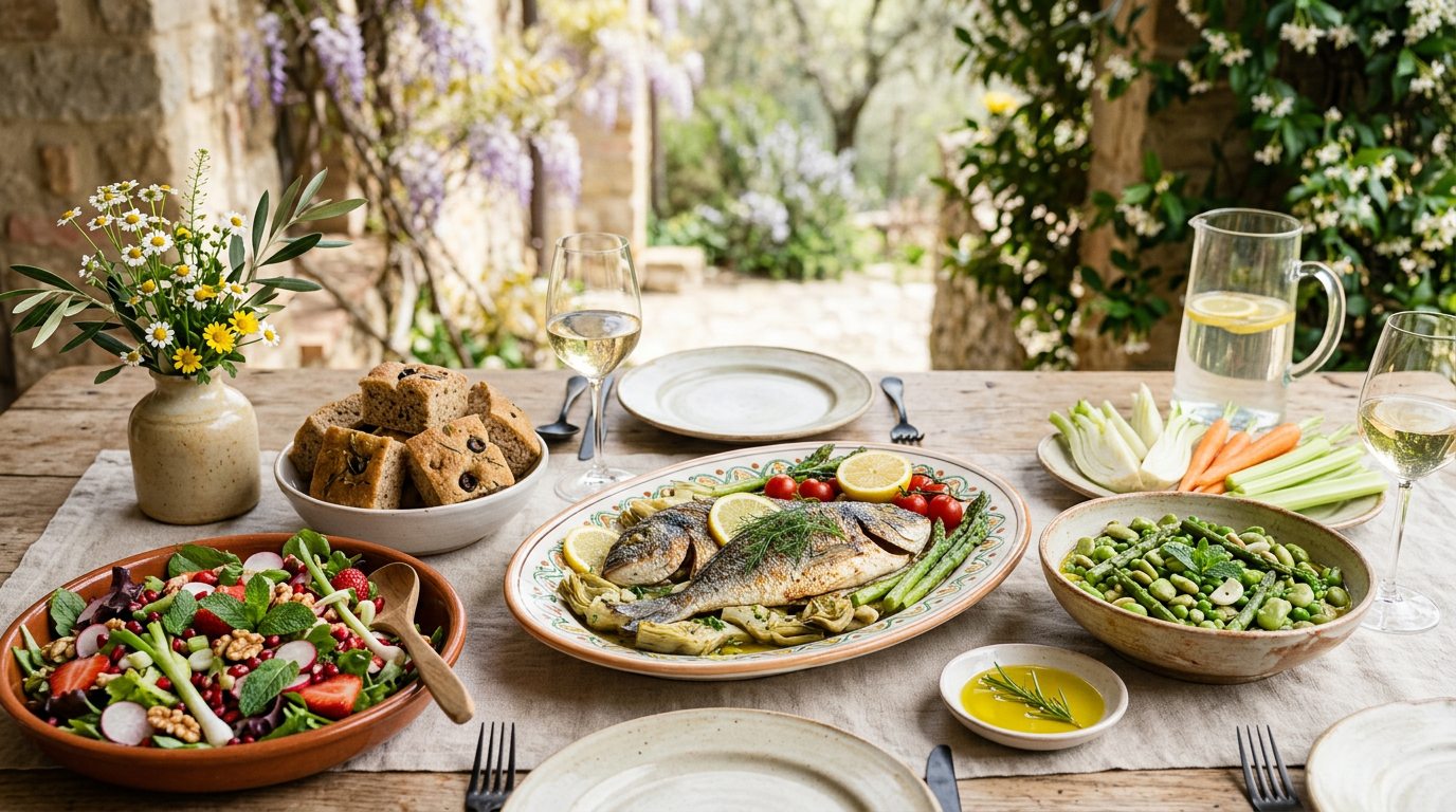 Tavola imbandita di Pasqua con piatti leggeri a base di verdure e fiori primaverili.