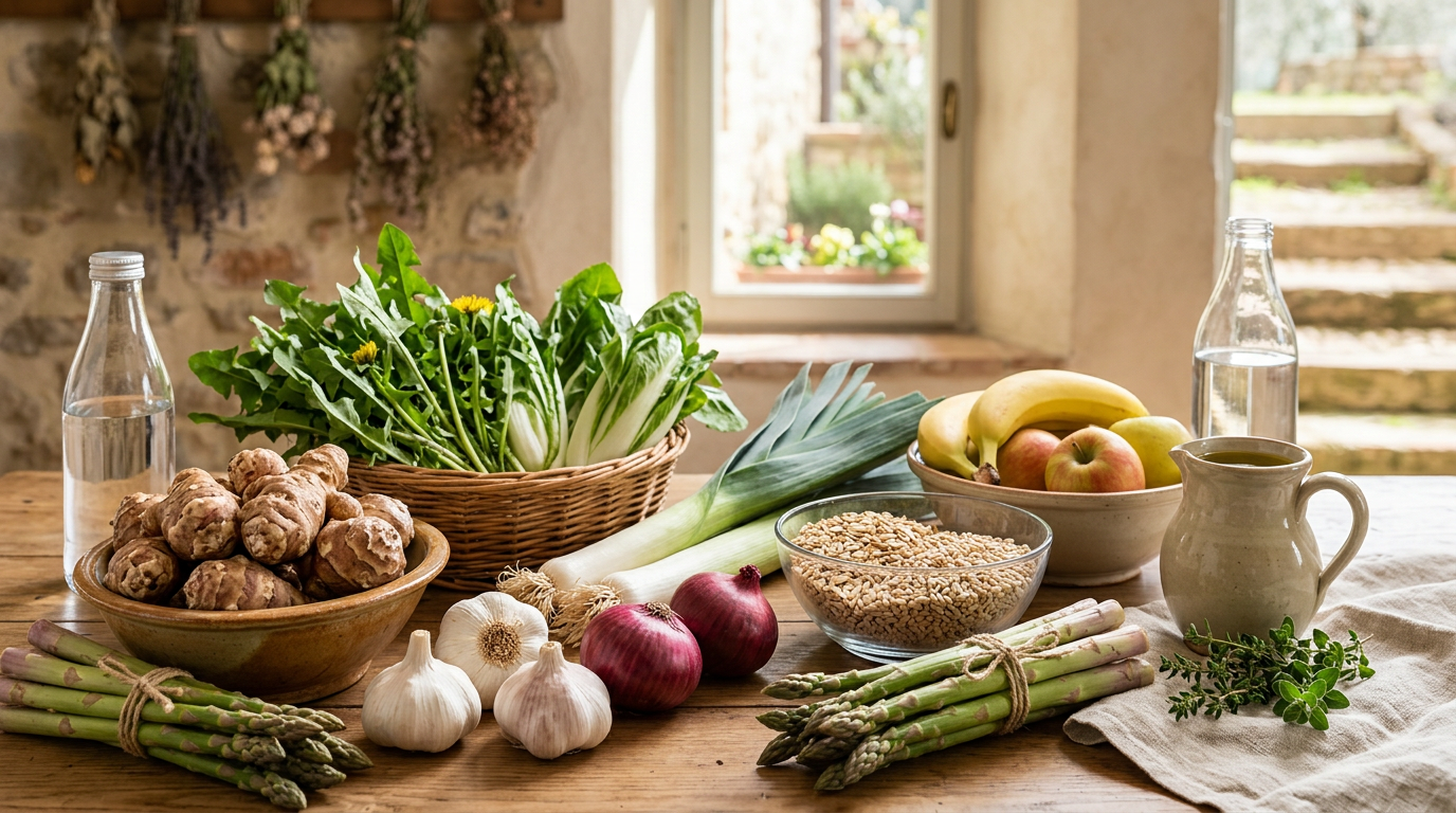 Cesto di verdure ricche di prebiotici come asparagi, carciofi, cipolle e aglio su un tavolo di legno rustico.