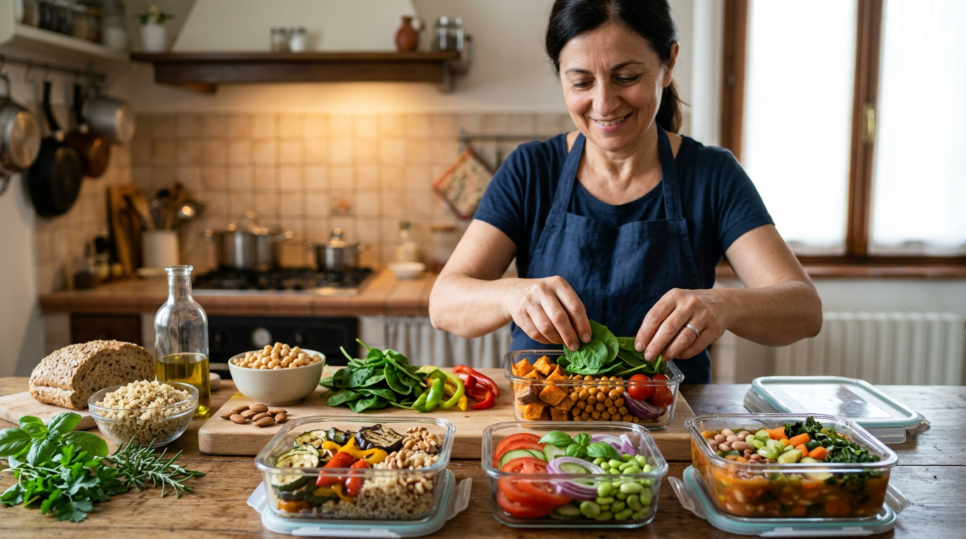 Contenitori per il pranzo con quinoa, verdure grigliate e ceci, organizzati per la settimana lavorativa.