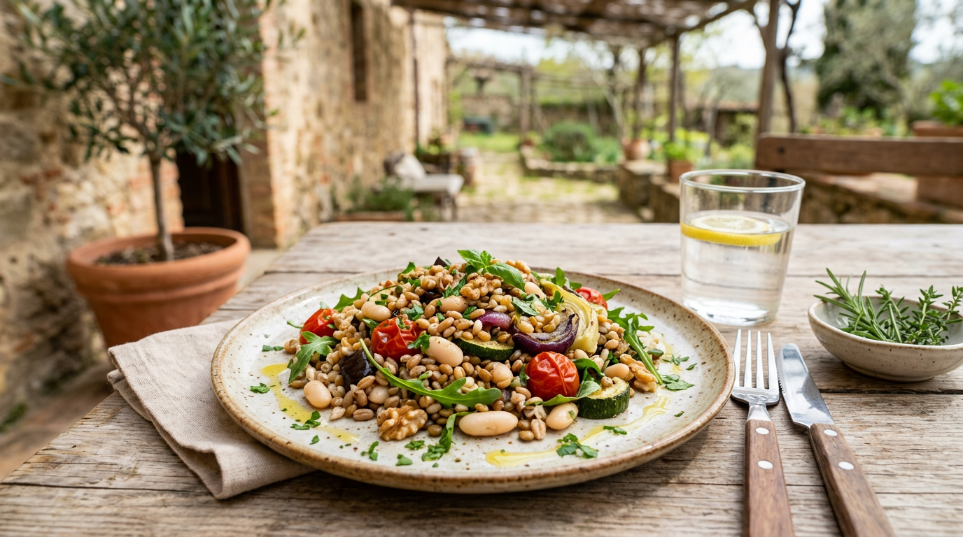 Verdure a foglia verde, pomodori, aglio e olio extravergine d'oliva disposti su un tavolo di legno rustico.