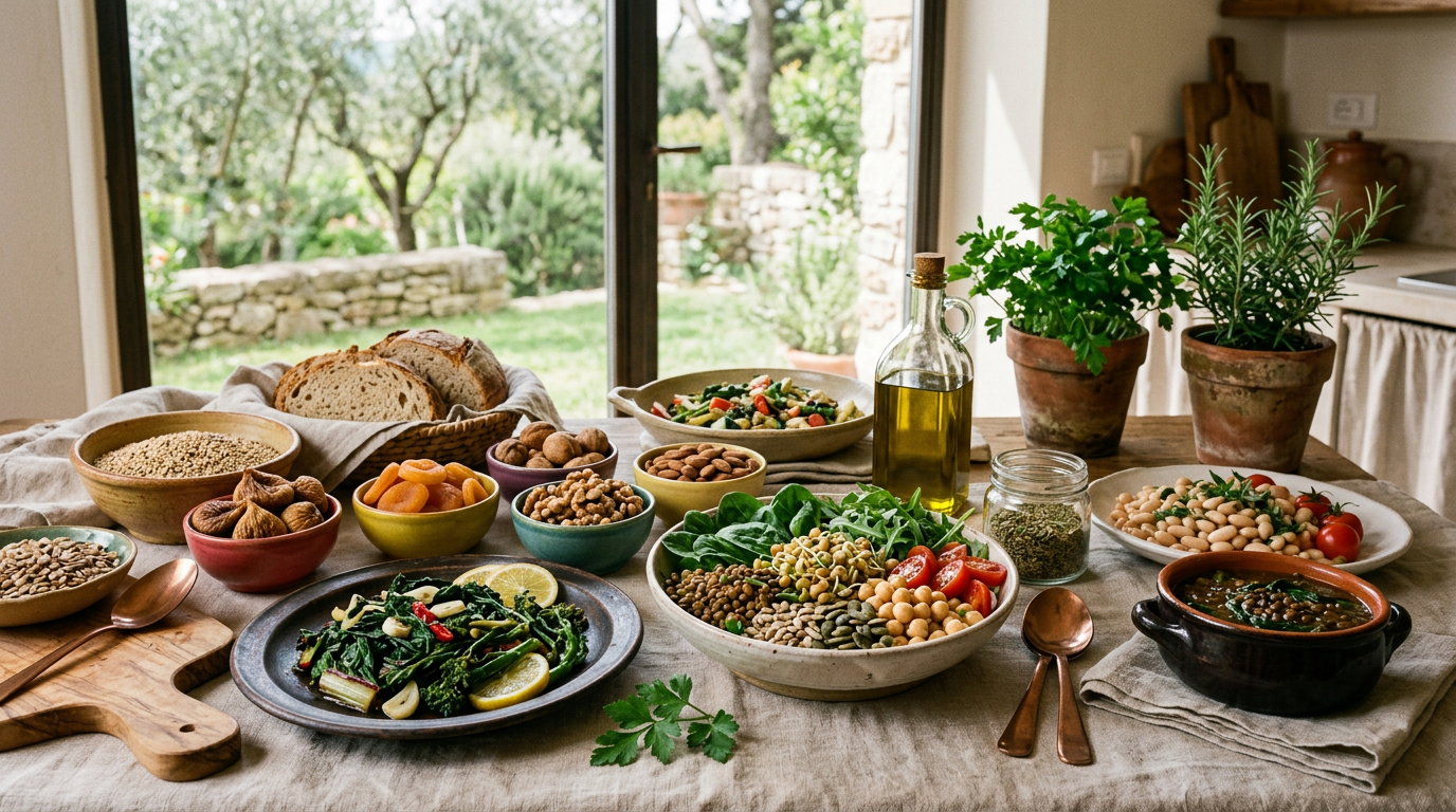Verdure a foglia verde scuro, legumi e agrumi disposti su un tagliere in legno chiaro che simboleggiano fonti di ferro vegetale e vitamina C.
