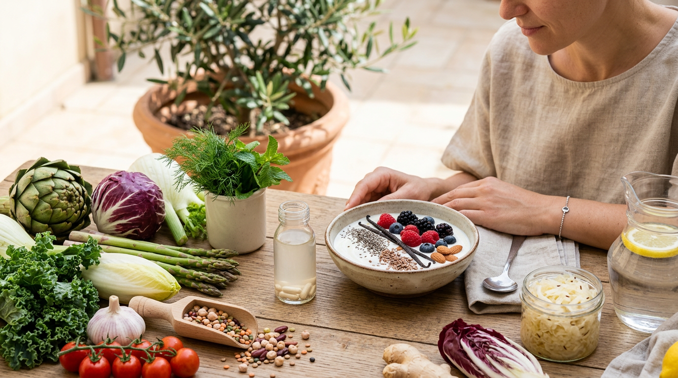 Un vasetto di vetro con integratori probiotici in capsule circondato da verdure fresche e colorate.