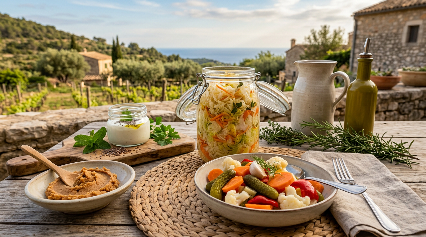 Bicchieri di kefir d'acqua con limone e un vasetto di fermenti su un tavolo di legno.