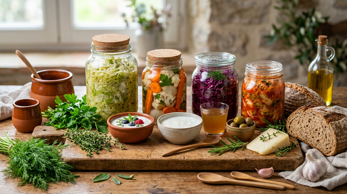 Ciotola di kimchi con verdure fermentate e bacchette, simbolo degli alimenti probiotici.
