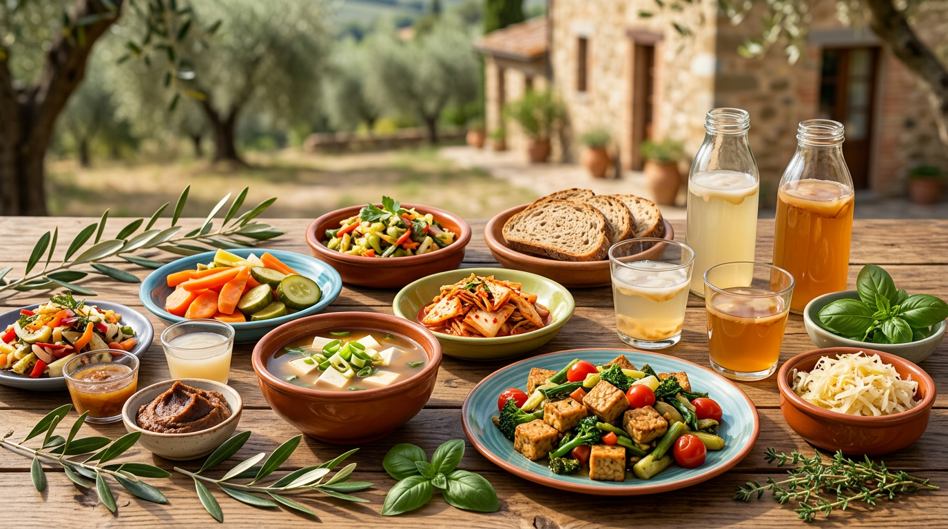 Varietà di alimenti fermentati come yogurt, kefir, natto e kimchi posti su un tavolo di legno chiaro.