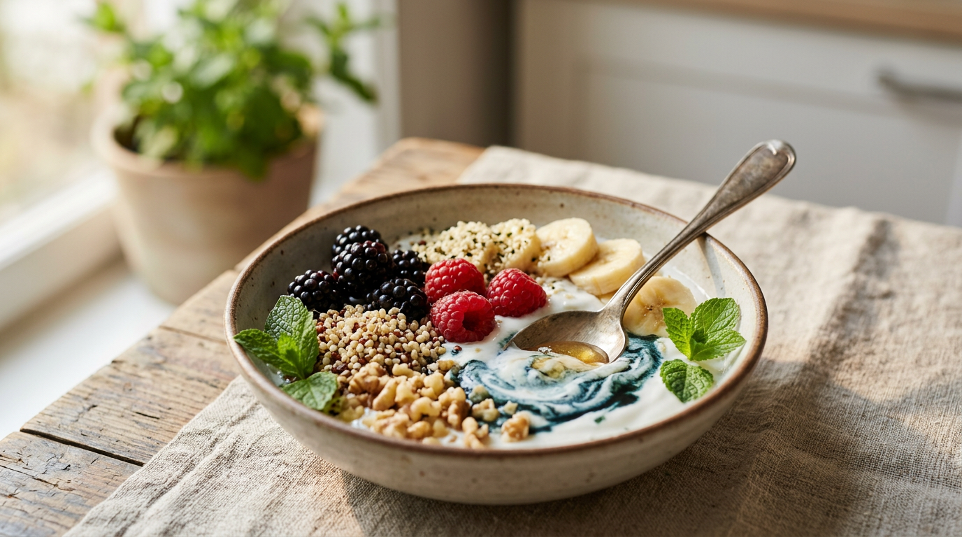 Diverse capsule di probiotici in una ciotola di legno, con verdure fresche e erbe aromatiche sullo sfondo.