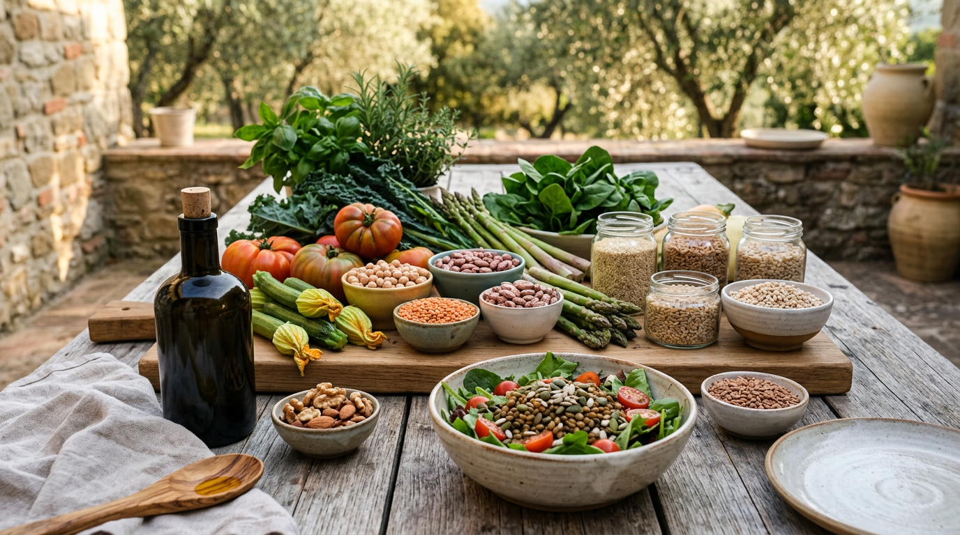 Varietà di prodotti alimentari naturali e biologici, tra cui frutta fresca, verdura, legumi e cereali in barattoli di vetro, su un tavolo di legno.